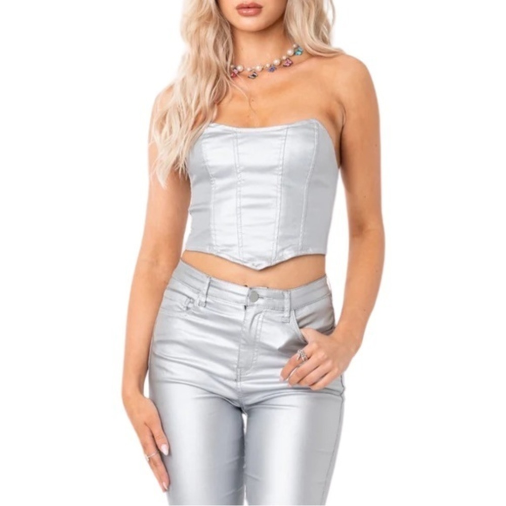 Edikted | Faux Leather Stretch Corset in Silver - Size Medium (NWT)